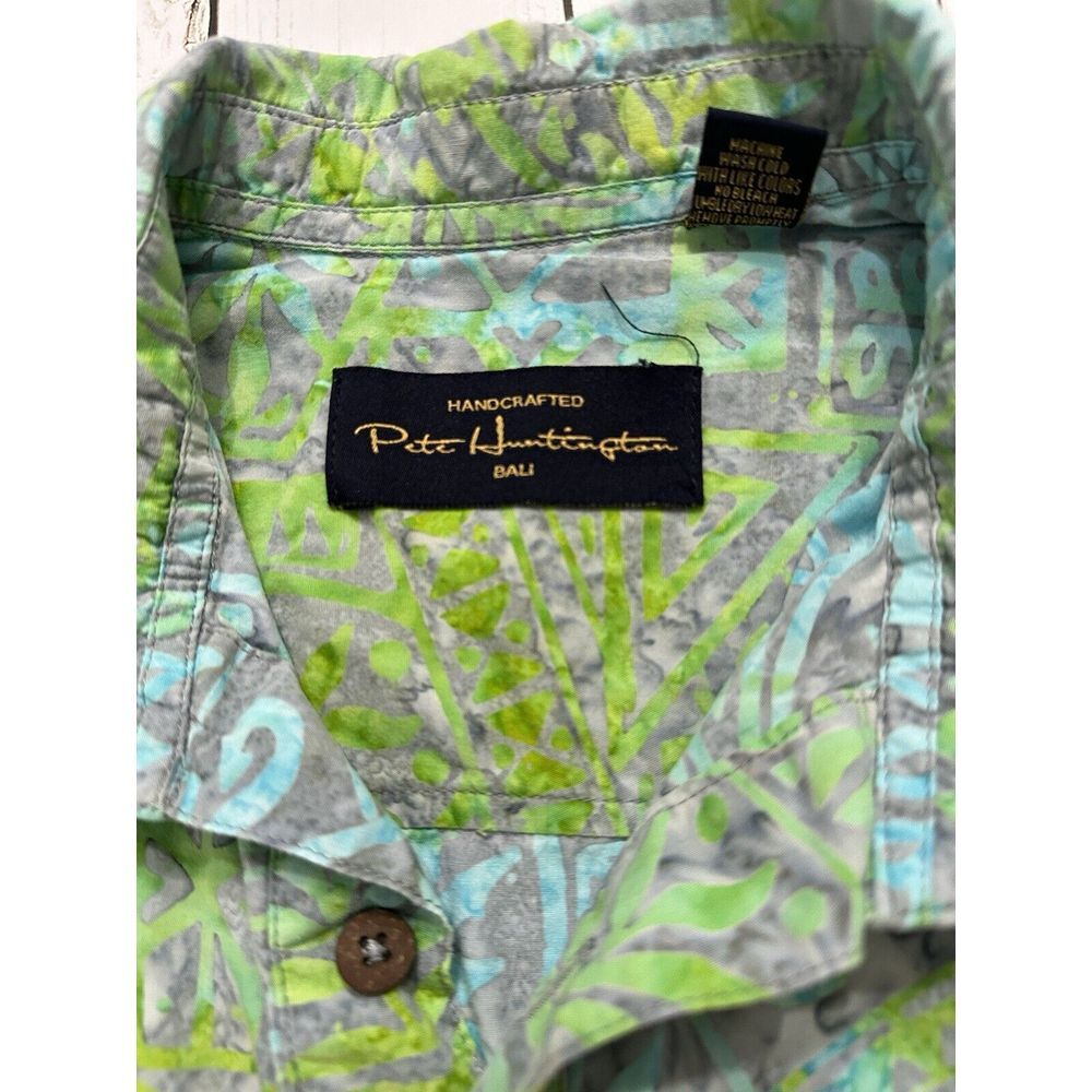 Pete‎ Huntington Bali Handcrafted Green Blue Hawaiian Shirt Size Medium Popover - Picture 7 of 9